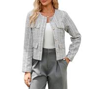 YEXPINE Cropped Tweed Blazer Jackets for Women Elegant Slim Collarless Business Casual Outfits, White Plaid, XL