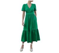 YEXPINE Women's Casual Cotton Linen Ruffle Midi Dress V Neck Elastic Waist A Line Dress Flowy Summer Dresses with Pockets, Green, L