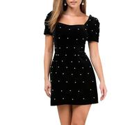 YEXPINE Women's Velvet Pearl Mini Dress Short Sleeve Square Neck Party Club Elegant Short Dresses, Black, S