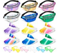 Yeyeplum 18 Pcs Holographic Fanny Pack Set Heart Sunglasses Sun Visor Hats, 80s 90s Laser Visor Waist Bag Crossbody Fanny Packs for Neon Rave Party Favors Men Women Outdoor Colorful