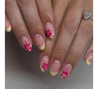 Yezhenzhen French Tip Nails Almond Short Fake Nails with Red Flowers Design Full Cover False Nails Nude Pink Acrylic Spring Cute Flowers Stick on Nails Glue on for Women Nail Art 24Pcs