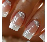 Yezhenzhen Press on Nails White French Tip Fake Nails Square Medium Length False Nails with Silver Glitter Designs Ombre Glossy Artificial Nails Acrylic Glue on Nails Natural Stick on Nails for Women
