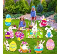 YEZIDE 10Pcs Happy Easter Yard Signs Garden Decoration Easter Eggs Rabbit Basket Chicken Yard Waterproof Stake Ornaments for Yard Lawn Garden Party Decorations Outdoor