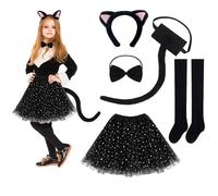 YEZIDE 5Pcs Cat Cosplay Costume, Animal Cosplay Kitten Ears Cat Tail Bow Tie Princess Tutu Skirts Stockings Costume Fancy Dress Up for Kids Girls Children Halloween Christmas Birthday Party Costume