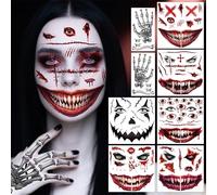Yezirzax 8 Sheets Halloween Tattoos, Horror Face Temporary Tattoos, Waterproof Fake Scars Witches Zombie Face Tattoos Stickers Make Up Accessories for Carnival Make-Up Halloween Masquerade