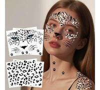 Yezirzax Snow Leopard Face Art Sticker, Face Tattoo, Temporary Tattoo, Glitter Leopard Make-Up, Self-Adhesive Face Tattoo for Carnival, Halloween, Children's Party (Snow Leopard)