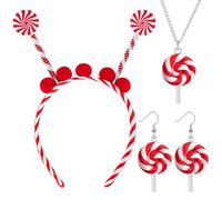 Yezmo 4PCS Candy Cane Headband Set, Lollipop Costume Accessories with Candy Cane Headband Earrings Necklace for Women Girls (Red)