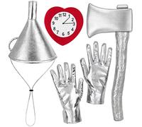 Yezmo Tin Costume Accessories, Silver Funnel Hat Set with Silvery Axe Gloves Heart Brooch for Adult Men for Halloween World Book Day Cosplay Party