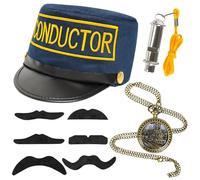 Yezmo Train Conductor Costume Accessories, Express Costume Set with Conductor Hat Train Whisle Pocket Watch Mustaches for Men Women for World Book Day