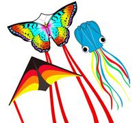YFAFENGS 3 Pack Delta Butterfly Octopus Durable Beach Kites for Adults & Children, Easy Fly Kites for Kids Ages 8-12, Colorful Aerodynamic Design, Lightweight & Tangle-Free for Outdoor Game Activities
