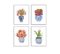 Yffgeartp Chinoiserie Art Print Ginger Jar Blue White Porcelain China Ming Vase Wall Art Canvas Painting Watercolor Floral Poster For Living Room Home Decor-30x40cm-Unframed