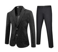 YFFUSHI Men's 2 Piece Shinny Suits 2 Buttons Wedding Dinner Sequin Tuxedo Smart Blazer & Trousers, Black, XL
