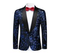 YFFUSHI Men's Luxury Sequin Blazer Shawl Lapel Sparkle Tuxedo Dress Jacket 1 Button Stylish Shiny Suit Jackets, Blue, L
