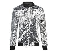 YFFUSHI Women Sequin Long Sleeves Bomber Jacket Glitter Metallic Shiny Sparkling Lightweight Cropped Top