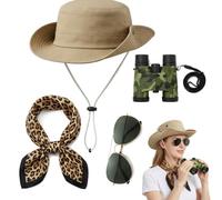 YFHUVB 4 PCS Safari Costume Accessories Set, Explorer Costume with Explorer Hat, Leopard Print Scarf Sunglasses Binoculars, Safari Clothes for Women Adults for Halloween Cosplay Outdoor Adventures