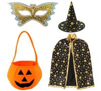 YFHUVB 4 Pcs Set Wizard Cape Witch Cloak Kids, Witch Costume Cloak and Hats for Kids, Halloween Costume Props with Golden Stars Pattern for Children, Girls Halloween Party Cosplay