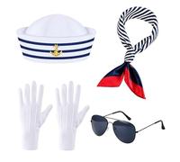YFHUVB 4PCS Sailor Hat Scarf Glasses Gloves Set, Blue & White Nautical Sailor Scarf, Classic Sailors Hat & Sailor Hat Conan Gray for Adults, Costume Accessories for Theme Party Role Play