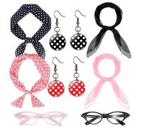 YFHUVB 8 Piece Pink Ladies Fancy Dress Set, 50s Ladies' Retro Costume Accessories Cat Glasses Polka Dot Headscarf Earring Set for Disco Dance, Role-Playing, Halloween, Christmas