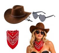 YFHUVB Cowboy Hat Brown, Cowboy Hat and Bandana,Western Style Costume Set with Heart Sunglasses, Perfect for Halloween Parties and Themed Events