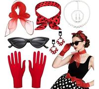YFHUVB Grease Fancy Dress Women, 5 Pcs 50s Costume Accessories Set, Retro 40s Outfit with Gloves Earrings Scarf Headband Sunglasses, Pink Ladies Jacket Grease Style for Themed Parties Photo Shoots