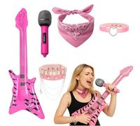 YFHUVB Rock Star Fancy Dress Kids, 5Pcs Girls Rockstar Costume Set With Inflatable Guitar, Microphone, Bracelet, Bandana And Collar, Perfect For Theme Parties, School Performances And Role Play