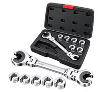 Yfjyxen 7-in-1 Ratcheting Flare Nut Wrench Set for Tight Space, 8-14mm Low-Profile Sockets Open End Ratchet Wrenches, Adjustable 180° Flex Head Metric Socket, 72-Tooth Repairs for Brake Line Pipe