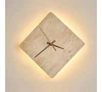 YFMYY 18W LED Natural Stone Wall Sconce, 9 Inch Nordic Modern Square Marble Wall Mounted Light with Clock, Hardwired Indoor Yellow Travertine Wall Lamp for Bedroom Living Room Hallway
