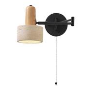 YFMYY Adjustable Swing Arm Wall Lamp with Natural Stone Shade and Pull Switch, Black Hardwired Wall Sconces Lighting, Yellow Travertine Wall Mount Light for Bedroom Bedside Study(Wood)