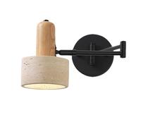 YFMYY Black Swing Arm Wall Sconce, Hardwired Indoor Wall Light, Adjustable Wall Mount Light with Natural Stone Lampshade, Modern Yellow Travertine Wall Lamp for Bedroom Bedside Study(Wood)