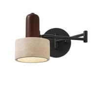 YFMYY Black Swing Arm Wall Sconce, Hardwired Indoor Wall Light, Adjustable Wall Mount Light with Natural Stone Lampshade, Modern Yellow Travertine Wall Lamp for Bedroom Bedside Study(Walnut)