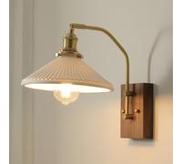 YFMYY Mid-Century Modern Wall Sconce, Vintage White Ceramic Wall Lamp with Wood Base and Brass Arm, 180 Degree Adjustable Wall Mount Light for Living Room Bedroom Bedside Hallway Office