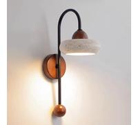 YFMYY Modern LED Stone Wall Lamp, 15.7" Japanese Style Wabi Sabi Wall Light Fixture with Natural Marble Lampshade and Wood Base, Yellow Travertine Wall Lamp for Bedroom Bedside Living Room