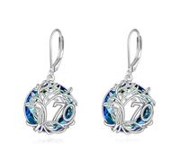 YFN 70th Birthday Earrings 925 Sterling Silver Tree of Life Dangle Earrings Blue Crystal Jewellery Gift for Women Mom Grandmother