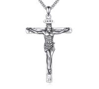 YFN 925 Sterling Silver Crucifix Necklace for Men Women Silver Jesus Cross Pendant with 22"+2" Adjustable Chain Baptism, Confirmation, First Communion (Hypoallergenic)