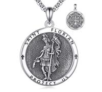 YFN 925 Sterling Silver St. Florian Necklace for Men Saint Florian Pendant Patron Saint of Firefighters Medal with 22+2" Chain Catholic Jewelry for Christmas, Father's Day, Birthday