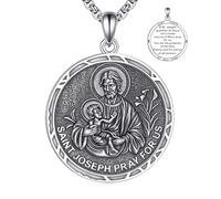 YFN 925 Sterling Silver St Joseph Necklace for Men Women Saint Joseph Medal Pendant Patron Saint of Workers & Families with 22+2" Adjustable Chain Gift Box Included