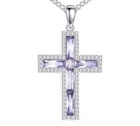 YFN Birthstone Cross Necklace Sterling Silver Cubic Zirconia Pendant Religious Jewellery Birthday Gifts for Women Men (1. Purple)