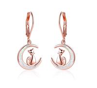 YFN Cat Earrings in Opal Moon Sterling Silver Kitten Stud Earrings for Girls (Rose Gold Moon Earrings)