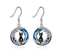 YFN Cat Earrings Sterling Silver Cat on the Celtic Moon Dangle Earrings Gifts for Women (crystal)