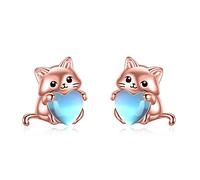 YFN Cat Moonstone Earrings for Women Sterling Silver Animals Cat Stud Earrings for Girls (rose gold)