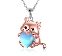 YFN Cat Necklace Sterling Silver Moonstone Cat Pendant Irish Jewellery Gifts for Women Mother Daughter Sister (rose cat)