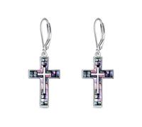 YFN Cross Earrings Sterling Silver Abalone Shell Cross Earrings Dangle Drop Earrings Religious Jewellery Christian Gifts for Women