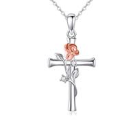YFN Cross Necklace 925 Sterling Silver Rose Flower Necklace Rose Gold Long Chain Necklace Jewelry for Women Ladies Mom