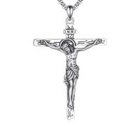 YFN Crucifix Necklace 925 Sterling Silver for Men & Women Jesus Cross Pendant with 22"+2" Adjustable Chain Jewelry Gift for Baptism, Confirmation, First Communion (Hypoallergenic)