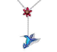 YFN Hummingbird Necklace 925 Sterling Silver Red Bell Flower Pendant Movable Y Shaped Chain Animal Jewellery Gift for Women Bird Lovers