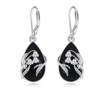 YFN Lily of The Valley Earrings Sterling Silver Black Tourmaline Dangle Drop Leverback Earrings Jewellery Spiritual Protection Gifts for Women