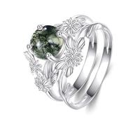 YFN Moss Agate Engagement Ring Set For Women Sterling Silver Green Moss Agate Wedding Ring Leaf Promise Bridal Ring Size 5 Jewelry Gift For Anniversary Birthday Valentine's Day