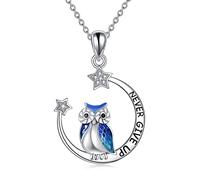 YFN Owl Pendant Necklace Jewellery Sterling Silver Gift Never Give Up Inspiration Necklace for Women Girls (Owl Moon Necklace) (Blue)
