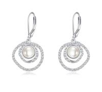 YFN Pearl Earrings Sterling Silver White Pearl Dangle Drop Earrings Hammered Circle Jewellery Gifts For Women