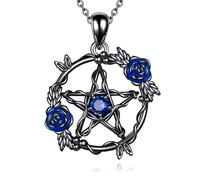 YFN Pentacle Necklace Sterling Silver Gothic Blue Pentagram Pendant Rose Flower Pentacle Charm Witch jewellery for Women Wiccan Jewellery Pagan Gifts
